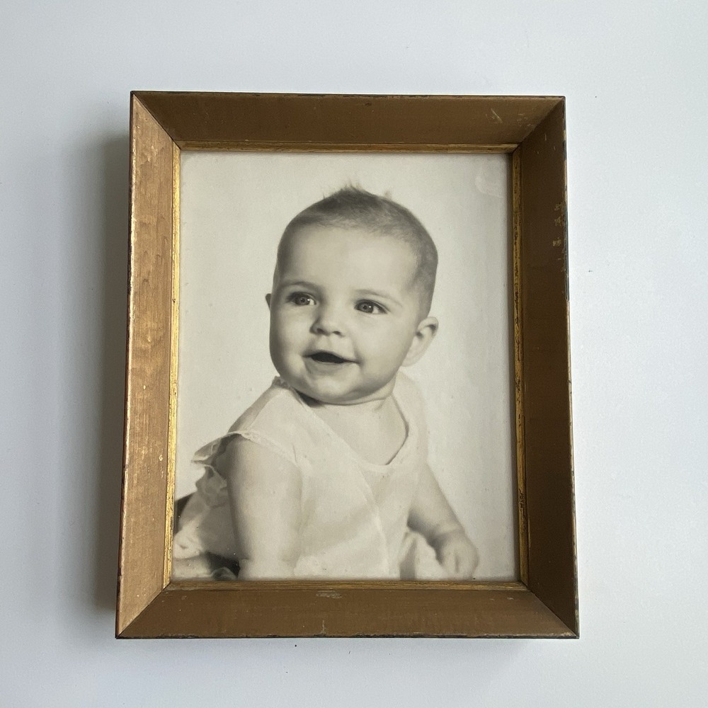 Vintage Framed Baby Portrait Black and White Photo Child Gold MCM Picture Frame